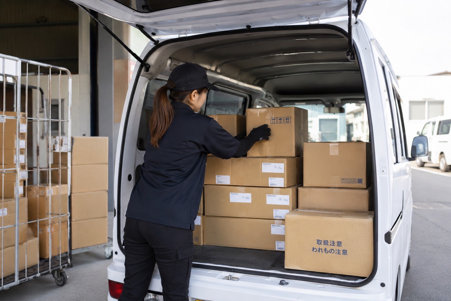荷積みをする女性ドライバー